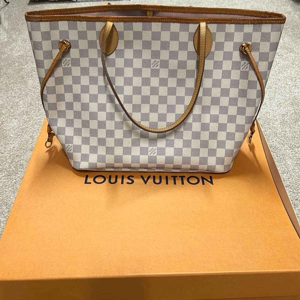 Louis Vuitton Damier Azur Canvas Shoulder Bag with Tan Leather Trim